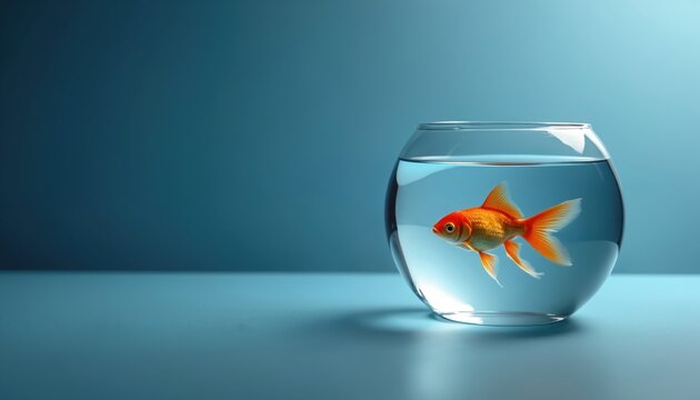 Orange goldfish swims in clean clear water inside a round glass bowl. Isolated pet fish on blue studio surface, simple aquatic background, peaceful movement.
