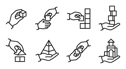 Building blocks line icon set. hands playing with geometric shapes and constructing towers © GoDesigner