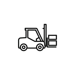 Naklejka premium A forklift operator drives through a warehouse with a pallet