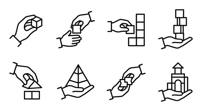 Building blocks line icon set. hands playing with geometric shapes and constructing towers