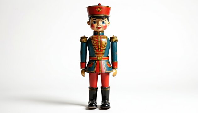 Vintage tin soldier toy with detailed uniform stands straight. Colorful painted metal figure evokes childhood nostalgia, play, and classic collectibles. Retro item, toy soldier, military character.