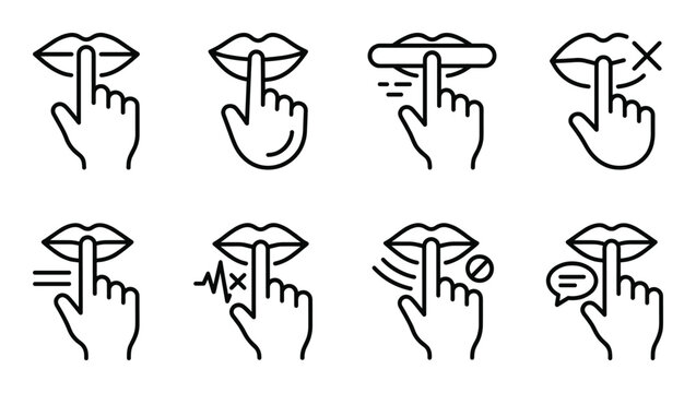 Collection of keep silence icons with finger on lips representing quiet and secret request symbols