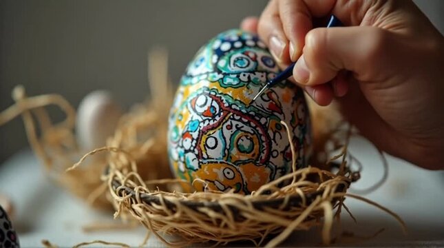 Close-up Video Footage of Hand Painting Ornate Easter Egg with Intricate Patterns in a Straw Nest