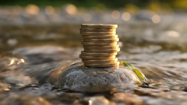 Stack of gold coins on rock in flowing river water at sunset. Golden coins balanced on a stone amidst a moving stream representing cash flow and financial stability in nature