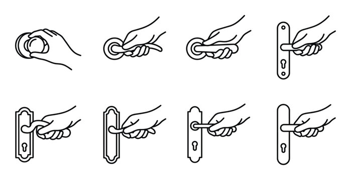 Door handle and knob opening icon set with hand gripping various residential hardware lock entrances