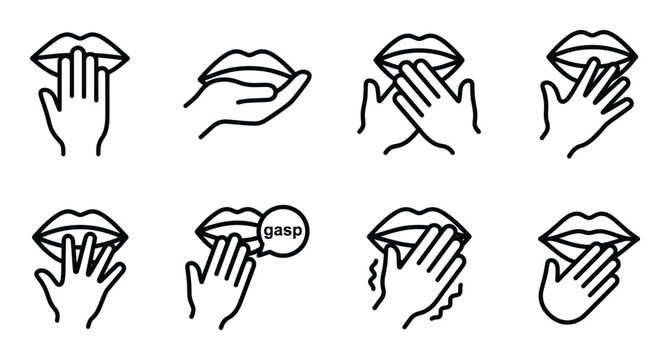 Hand covering mouth icons representing shock surprise or secret concept in linear outline style set