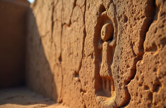 Ancient petroglyph carving on weathered wall surface. Close-up of textured sandstone with etched figure detail. Desert archaeology find. Historical tribal art.