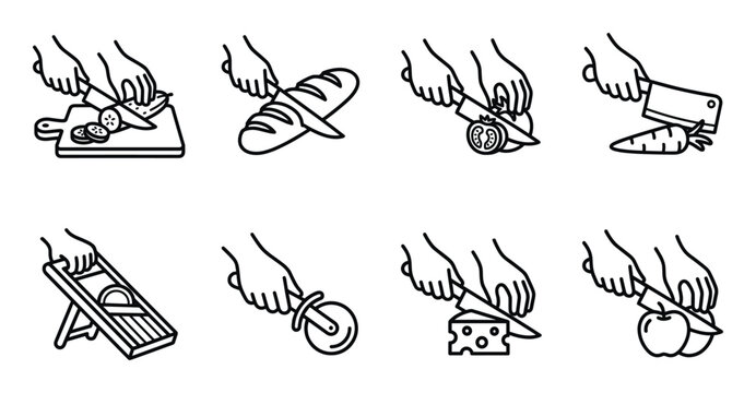 Hand cutting food with knife icon set for vegetable slicing bread dicing and professional meal prep