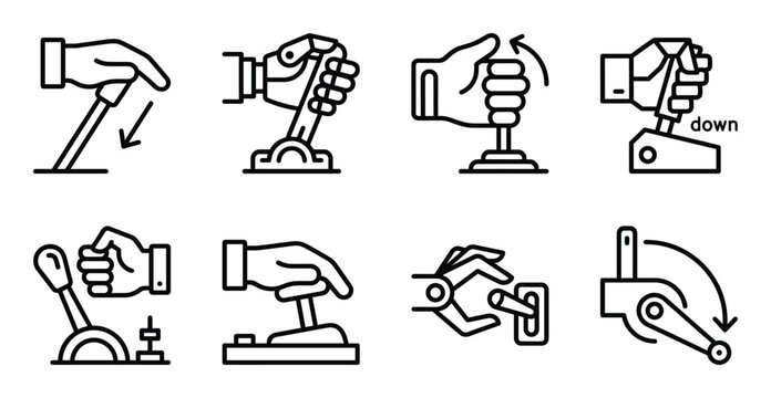 Industrial lever control icon set with hand operating gear shifting and mechanical handle operation