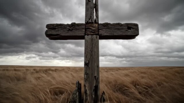 Zoom in of wooden cross standing in field under stormy sky