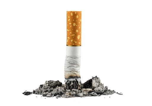 Smoking cigarette with ash falling onto crumbled cigarette butts isolated on transparent background