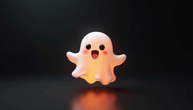 Cute friendly ghost hovers in dark void. Smiling spectral character with surprised happy expression floats above reflective surface. Spooky fun spirit, playful cartoon entity.