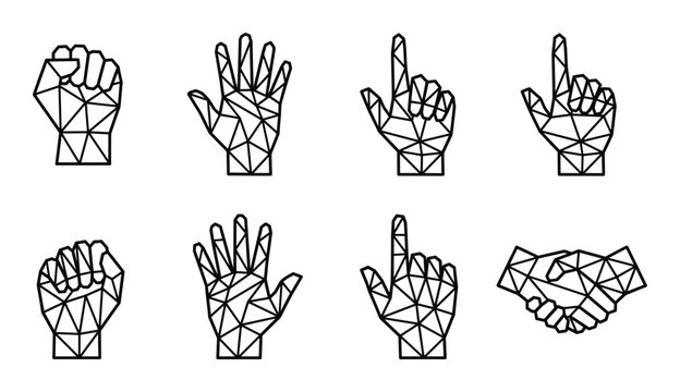 Polygonal hand gestures collection featuring fist open palm pointing finger and handshake line art set