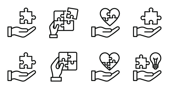 Puzzle pieces in hand line icons. solving problems and creativity concept