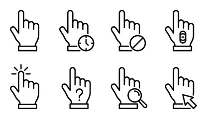 Obraz premium Set of eight different hand pointer cursors for computer interface outline style