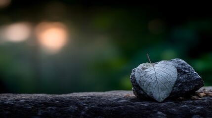 Obraz premium A single fallen leaf rests on a weathered stone in a tranquil, blurred natural setting, evoking a sense of peace and quiet contemplation