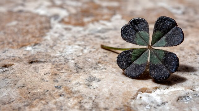 A rare and uniquely dark four-leaf clover gracefully rests on a beautifully textured natural stone surface, symbolizing exceptional luck and the serene beauty of a fortunate discovery