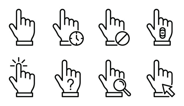 Set of eight different hand pointer cursors for computer interface outline style