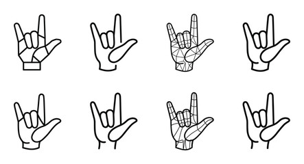 Fototapeta premium Set of eight rock and roll hand gestures in outline style with various fills