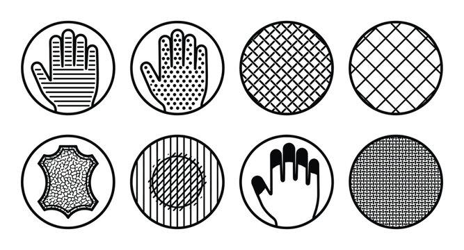 Set of eight round hand icons for different textures and surfaces flat line style