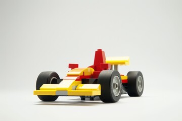 Obraz premium Toy block race car yellow red minimal design white background clean product style composition