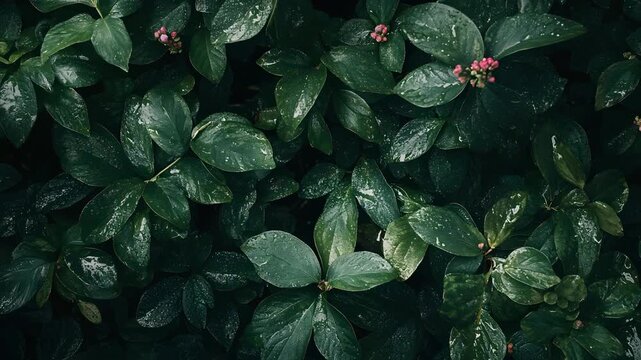 Lush, dark-green foliage with water droplets and small pink flower buds