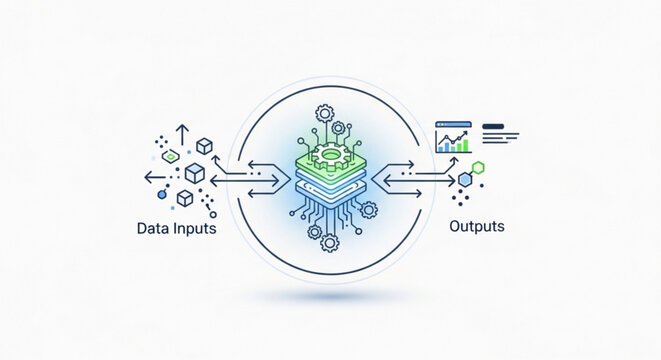 Data processing concept with inputs and outputs illustrating technology and information exchange