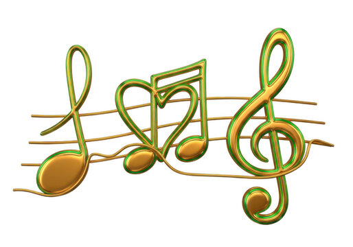 Metallic gold and green music notes on staff, 3D musical symbols with heart shape, elegant treble clef and rhythmic notation for creative design isolated PNG with Transparent Background