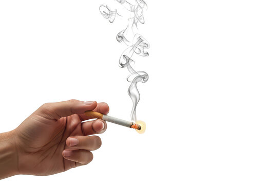 Lit cigarette held in hand with rising smoke, burning tobacco product with glowing ember, hand holding smoking cigarette for addiction concept isolated PNG with Transparent Background