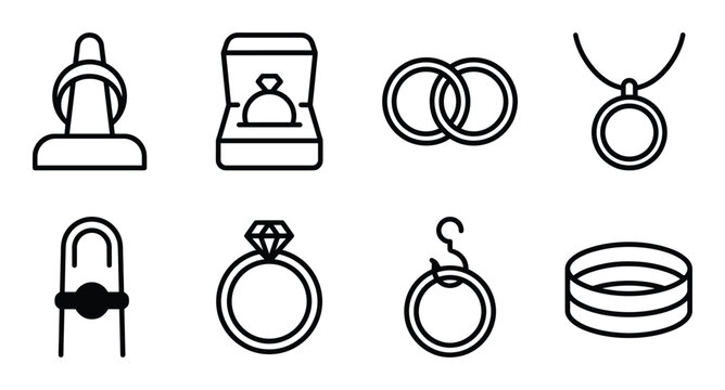 Set of wedding and engagement rings outline icons showing jewelry accessories