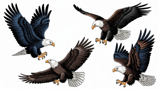 Four majestic black vultures in mid-flight against a plain background