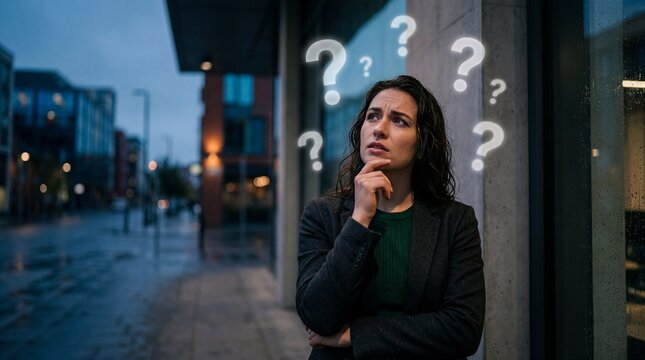 Thoughtful businesswoman standing on city street with floating question marks