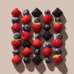 Fototapeta premium Precise grid of geometric-shaped berries on a light background: square strawberries, diamond blackberries, and round blueberries. Clean lines and strong, defined shadows