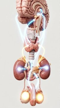 Endocrine system anatomy medical 3D illustration showing hormone glands brain pituitary thyroid adrenal gland pancreas kidney testis with glowing hormone pathway for medical education and anatomy