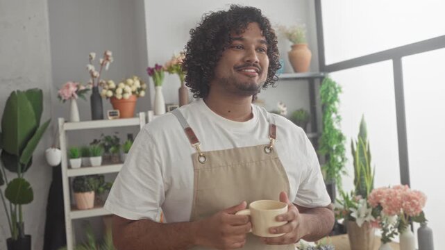 Man florist holding ceramic cup with both hands, smiles with closed eyes beside flower pots and shelves in studio; serenity morning break.