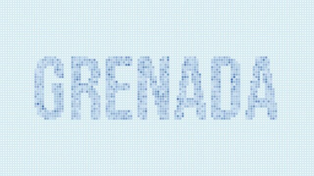 Grenada dotted map animation. Digital style shape of the country. Grenada shape and title dots appear with bulb flickering effect. Intro, outro, logo, title video.