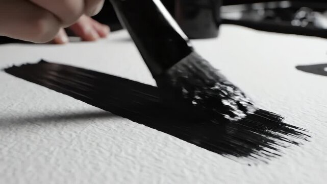 Artistic Black Ink Brush Stroke on White Watercolor Paper