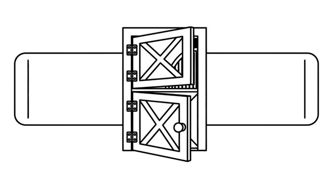 Minimalist graphic of a half-open stable door, showcasing its distinct two-part construction and