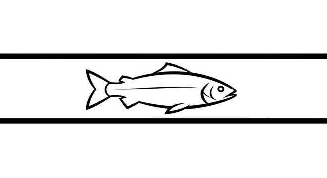 Minimalist graphic illustration of a sleek fish swimming between clean black horizontal lines