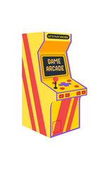 Retro arcade machine cartoon patch in yellow and red. Classic joystick and console for videogame player. Fun retro gamepad, arcade video machine, nostalgic entertainment, colorful badge. © Olga Teplova