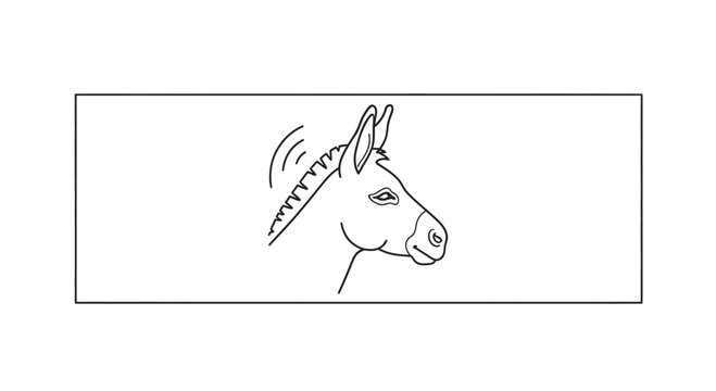 Striking minimalist black outline of a donkey's head in profile, illustrating its unique equine