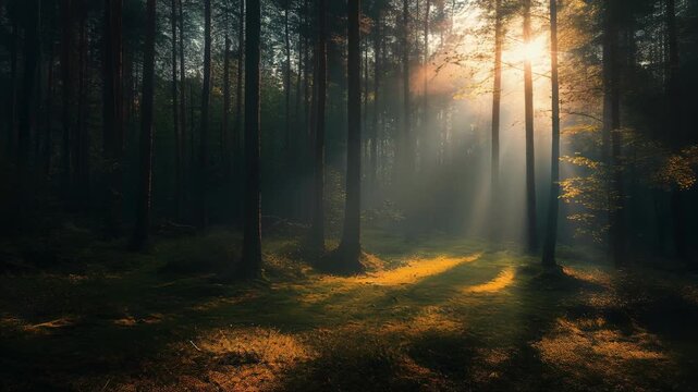 Sunlight streams through tall trees in a lush, green forest, creating a mystical atmosphere