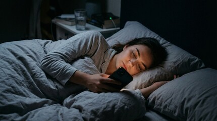 Fototapeta premium Woman lies in bed at night scrolling through her phone