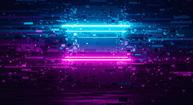 Neon Glitch Background with Blue and Pink Digital Lines and Pixelation