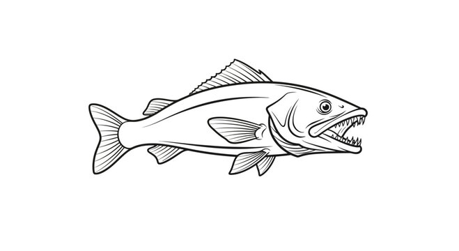 Dynamic black and white line art illustration of a powerful predatory fish with sharp teeth