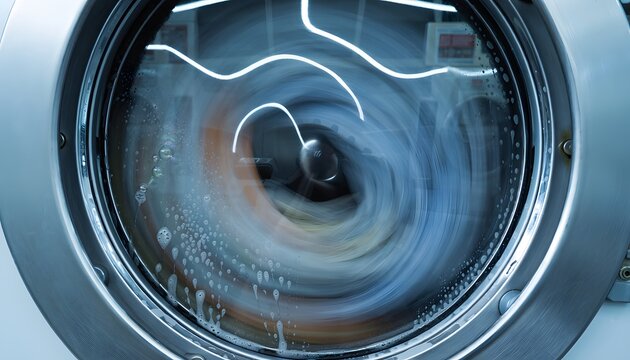 A modern washing machine drum in rapid motion with blue light reflecting off the metallic surface and soap suds visible on the glass.
