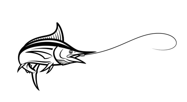 Powerful black and white marlin line art illustration capturing the thrill of deep-sea fishing