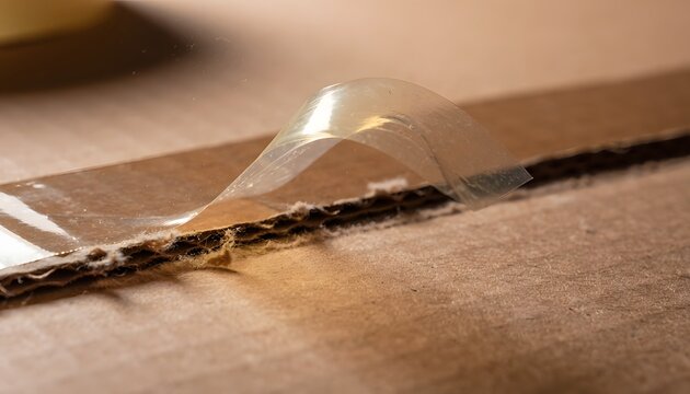 Close up shot of clear adhesive packing tape peeling off a brown corrugated cardboard box showing texture and sticky residue for shipping concepts