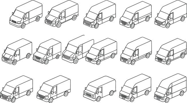 
Delivery van outline vector illustration set with cargo transport vehicles in different perspective views