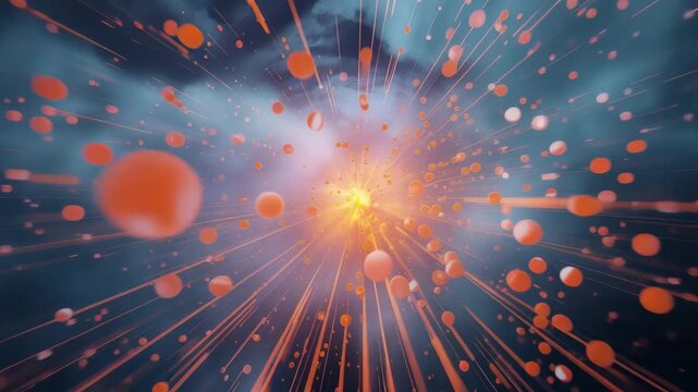 Radiant orange particles bursting outward glowing radiant burst toward bright center with dynamic
